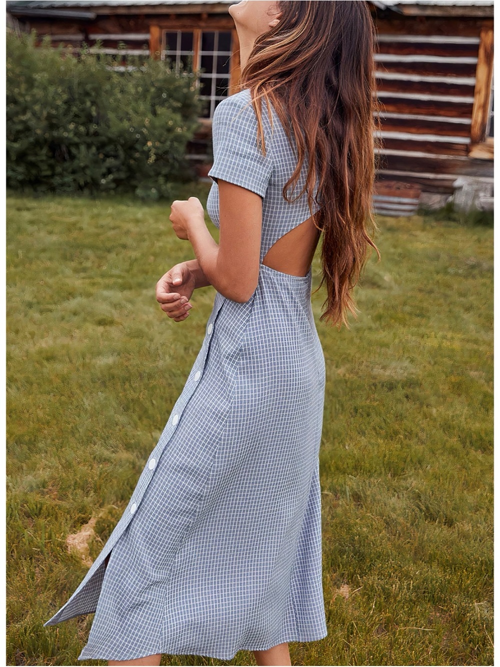 NWOT Christy Dawn The Sienna Blue Midi Gingham Open-Back Dress - Picture 4 of 9